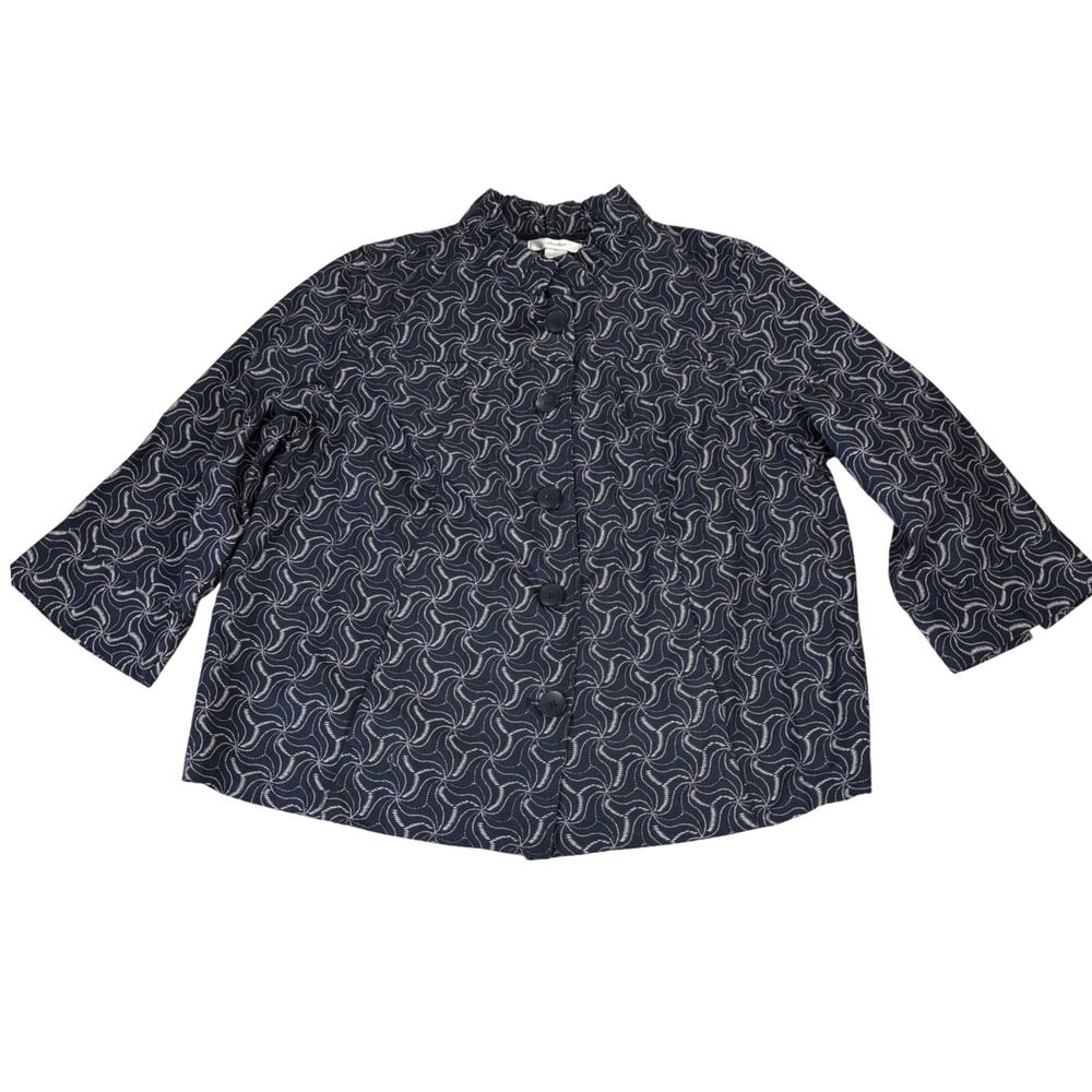 CJ Banks Womens XL Navy Blue White Swirl Print Cotton Button Up Mock Neck Jacket